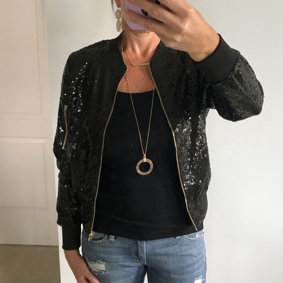 Black Sequin Bomber Syle Jacket - Picture 3 of 6